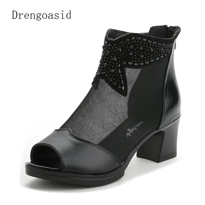 

2019 New Breathable Cool Boots Summer Fashion Sandals Mesh Cow Leather Thick Heel With Rhinestone Fish mouth women's sandals