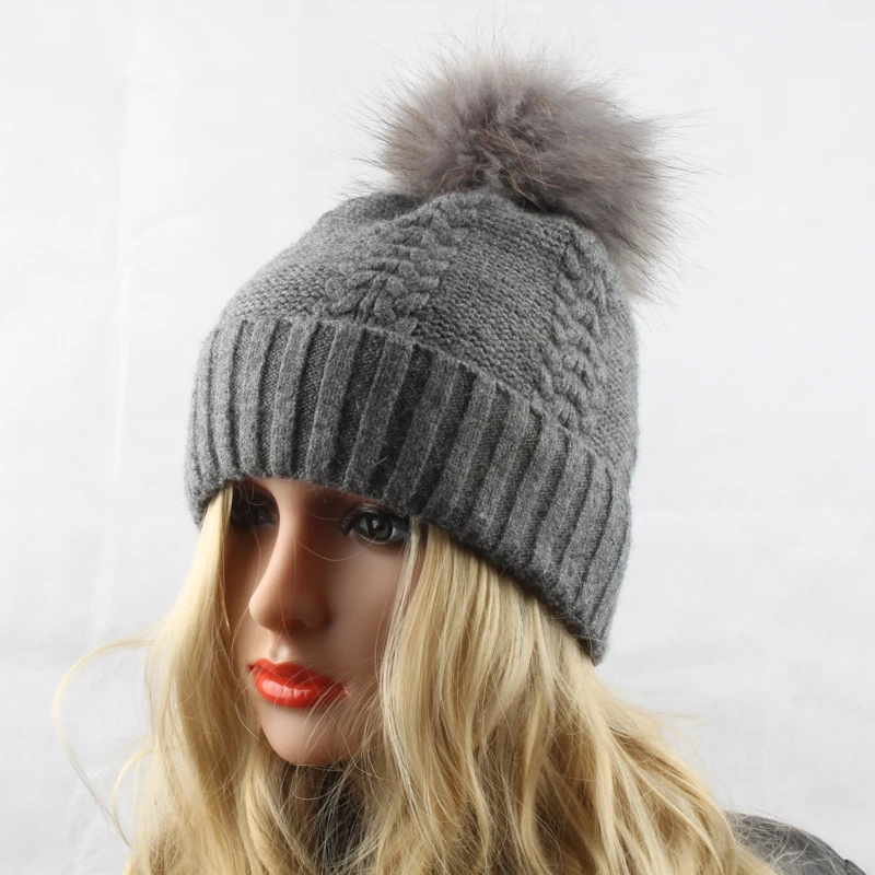 Зимние шапки из меха норки женские мяч натурального енота вязаные шерсти и
