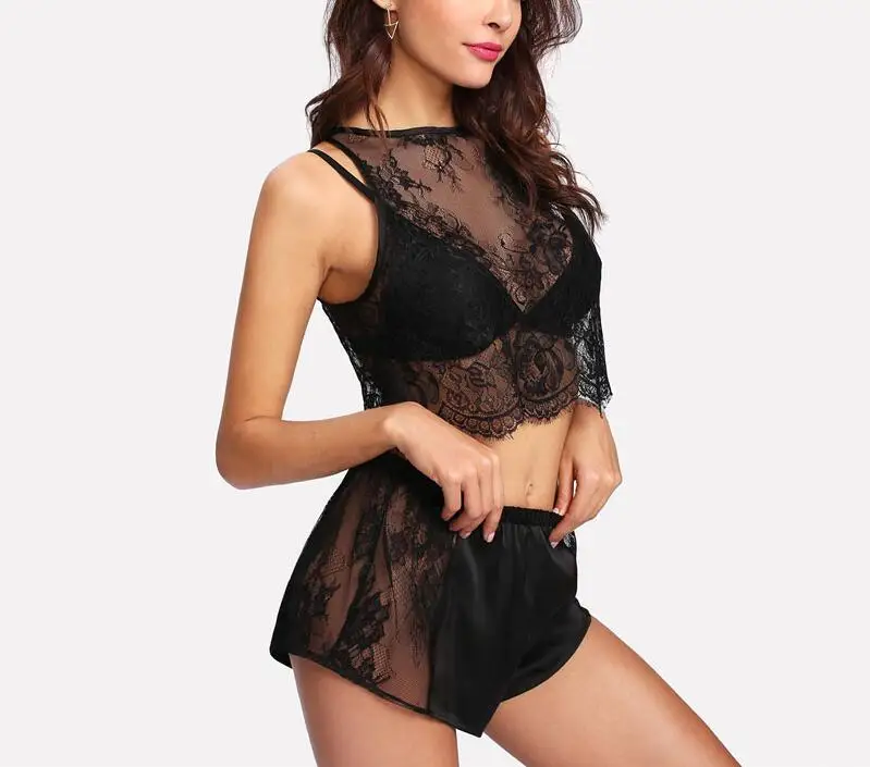 Цветочный кружевной топ и шорты пижамный комплект новая мода весна черная Пижама