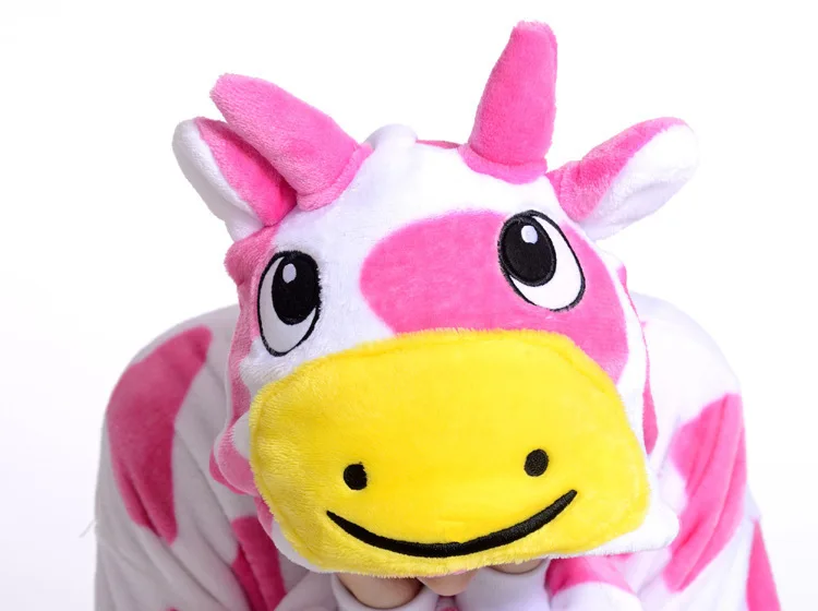 Кигуруми теплые зимние пижамы мультфильм милый порошок одежда для сна с коровами