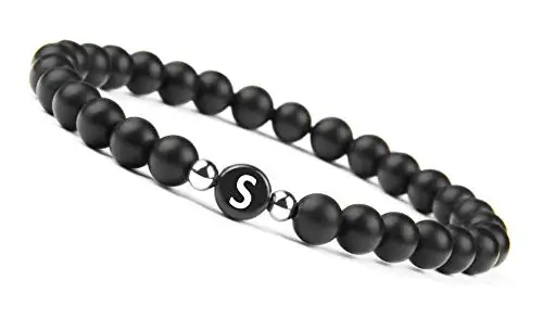 Letter S bracelet Браслет из бисера с натуральными камнями для мужчин и женщин, A-Z браслет с 26 буквами, 6 мм, матовый черный оникс, браслеты ручной работы, модное ювелирное изделие - Окраска металла: Letter S bracelet