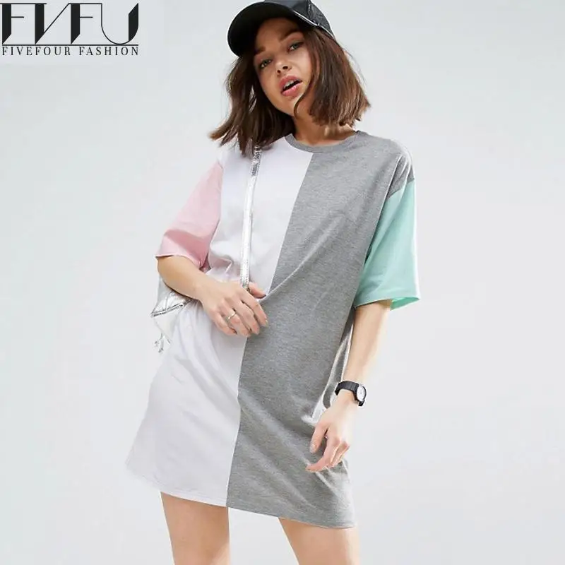 New Fashion 2018 Dress Women Summer Cute Color Block Shirt Girls Patchwork Short Sleeve Loose Casual Plus Size | Женская одежда