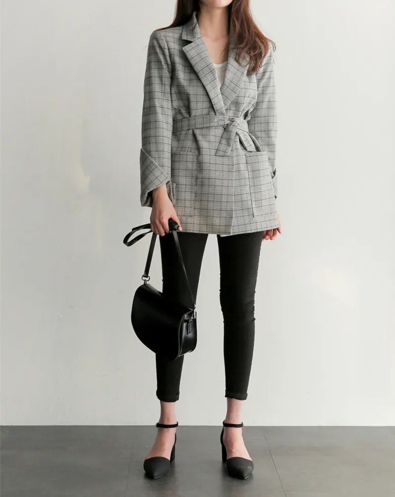 Женский офисный блейзер в клетку Серый с длинным рукавом и поясом бантом