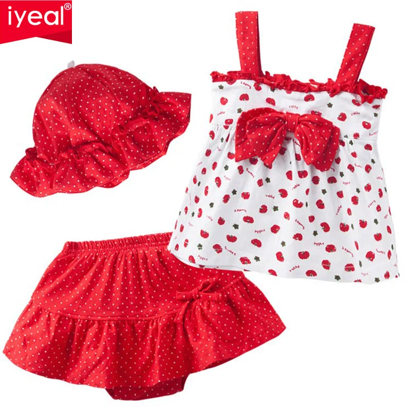 Red 3PCS Set IYEAL/ летний комплект одежды для маленьких девочек, детская хлопковая футболка+ штаны-пачка+ шапка, комплект одежды из 3 предметов для новорожденных 0-2 лет - Цвет: Red 3PCS Set