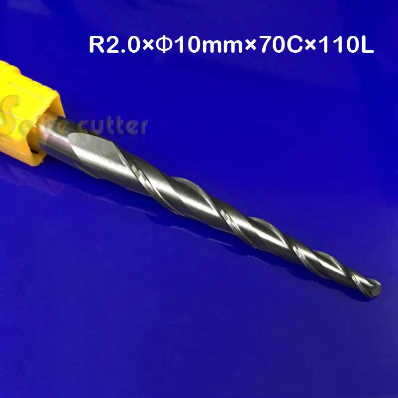 

1pc/lot HRC55 R2.0mm Tungsten solid carbide Coated Tapered Ball Nose End Mills taper and cone cnc endmills R2*D10*70*110L*2F