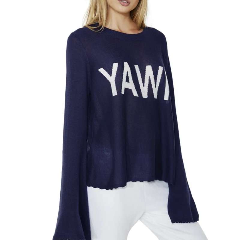 HDY Haoduoyi Solid Fashion Dark Blue Sweaters Women Letters Printed Embroidery Casual Pullovers Female Lace Tops Lady | Женская одежда