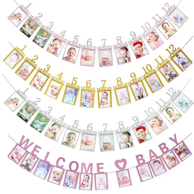 Babyshower 12 месяцы фоторамка баннер для первого дня рождения украшения ребенка