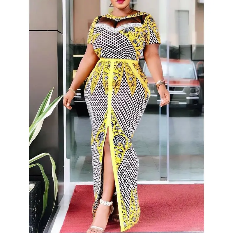 Women Summer Bodycon Long Dress Mesh See Through Party Sexy Evening Luxury Yellow Floral Plaid Elegant Split Maxi Dresses Female | Женская