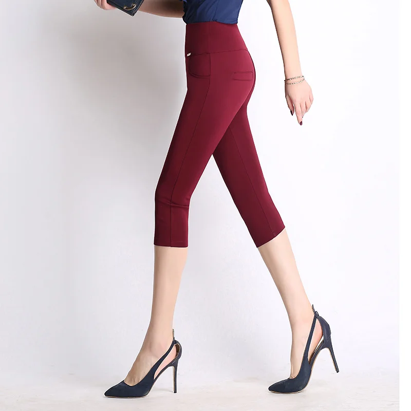 Женские узкие брюки WKOUD Однотонные эластичные Капри с высокой талией летние