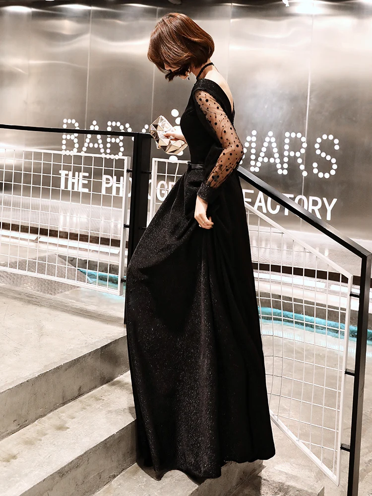 Robe De Soiree блестящее вечернее платье с длинными рукавами Черное в пол v образным