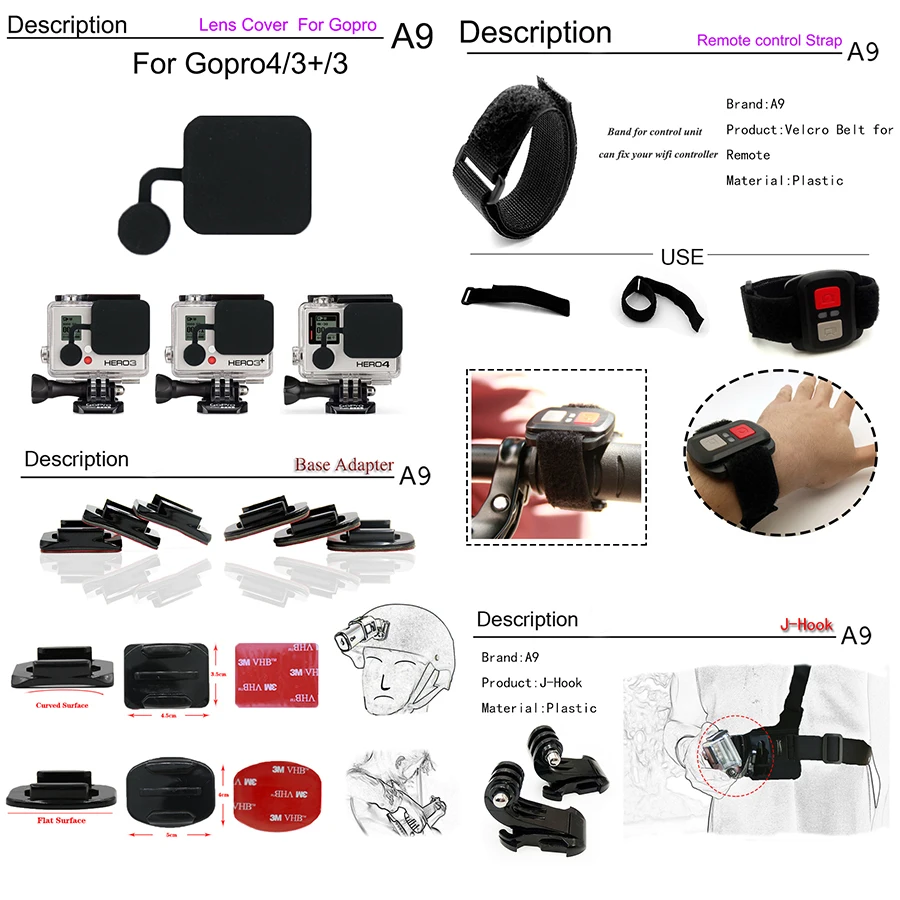 A9 для Gopro набор аксессуаров go pro hero 6 5 4 3 + крепление Xiaomi yi k sony action cam Scam SJ4000 SJ5000 AS300