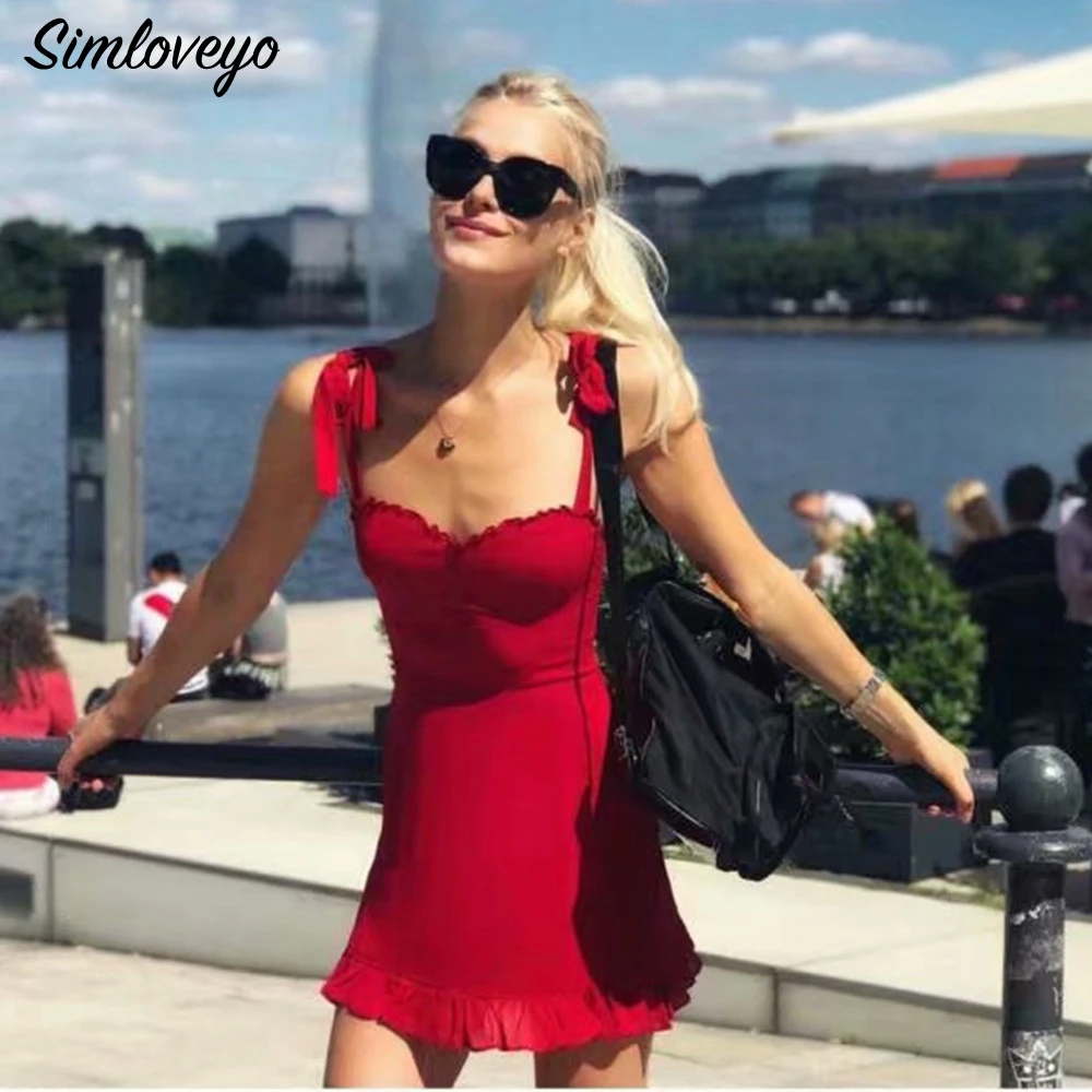 

SIMLOVEYO Spaghetti Strap Sexy Bodycon Dress Sleeveless Slash Neck Mini Summer Women Dress Nightclub Party travel Dress M045