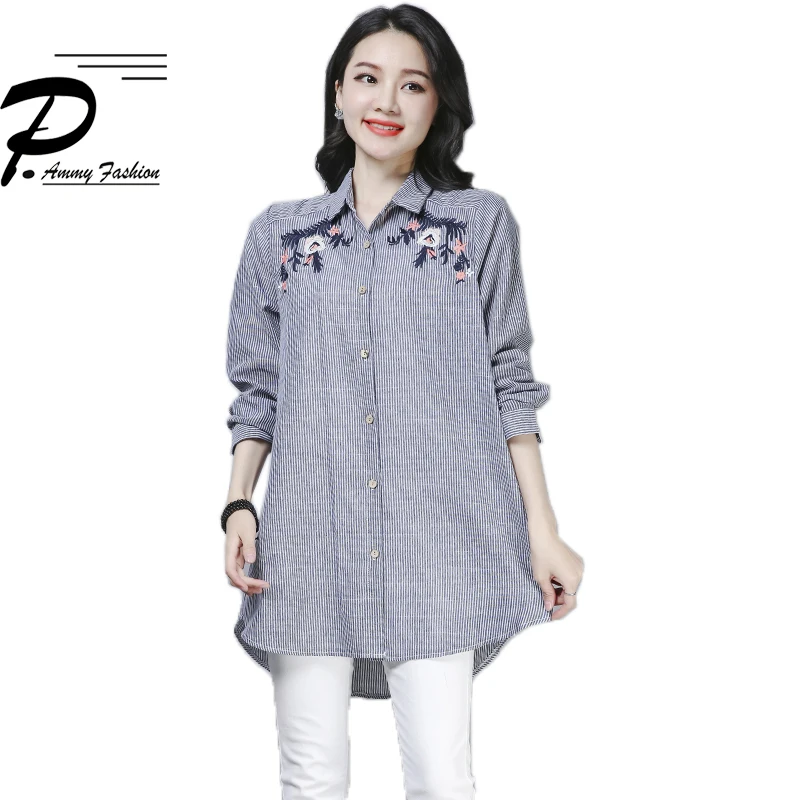 Женская хлопковая и льняная полосатая Длинная блузка с вышивкой в стиле ретро