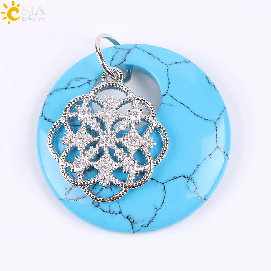 Blue Turquoise Csja натуральный камень полые круглая подвеска кубический цирконий цветок тигровый глаз опал лазурит рейки ювелирные украшения со стразами E827 - Окраска металла: Blue Turquoise