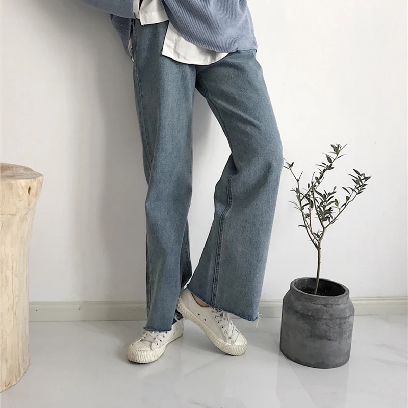 Женские свободные широкие штаны джинсы длинные хлопковые синие Высокая Талия