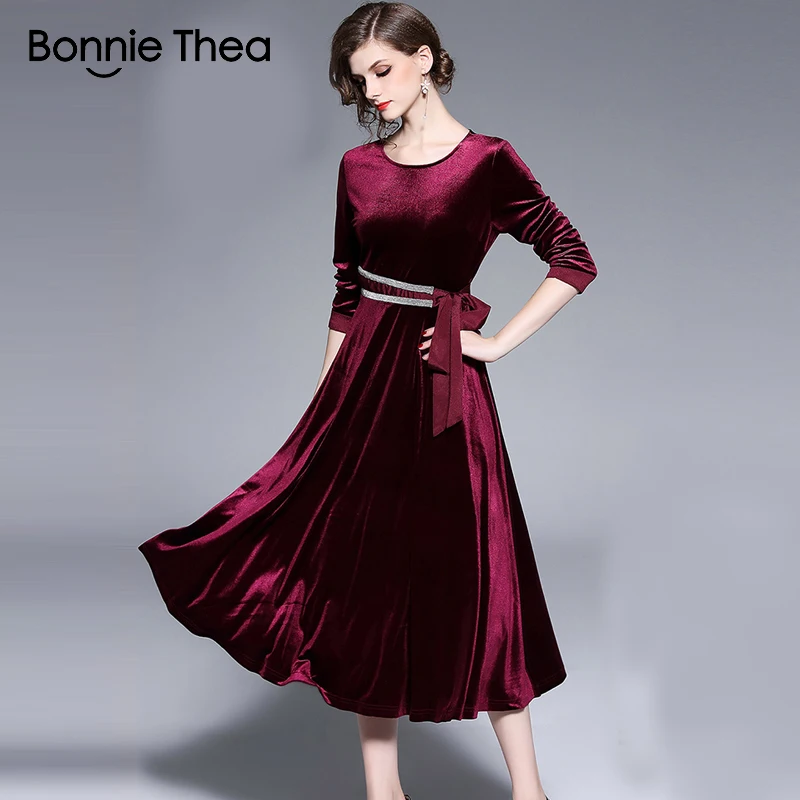 Bonnie Thea женское красное бархатное вечернее платье для вечеринки осеннее