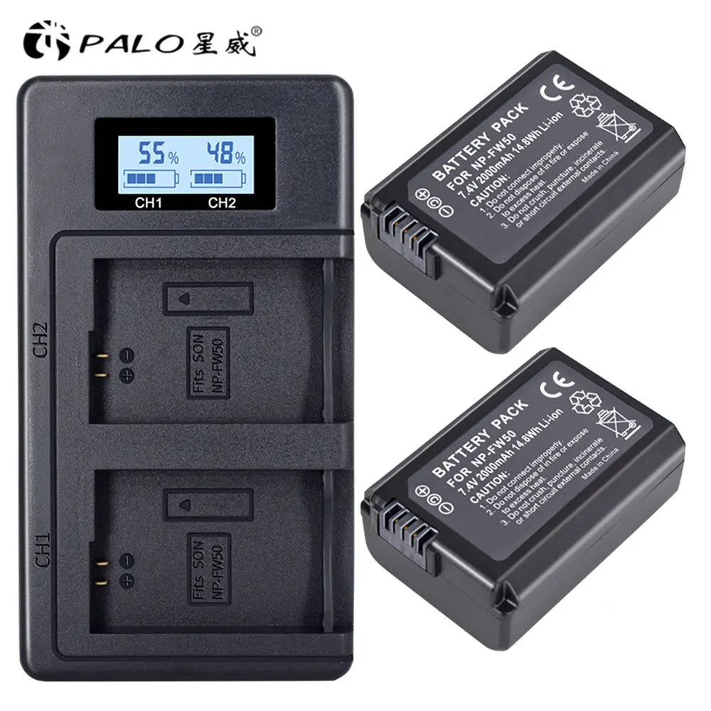 NP-FW50 set PALO 2 шт. 2000 мАч NP-FW50 NP FW50 батарея для камеры+ ЖК USB двойное зарядное устройство для sony Alpha a6500 a6300 a6000 a5000 a3000 NEX-3 a7R - Цвет: NP-FW50 set