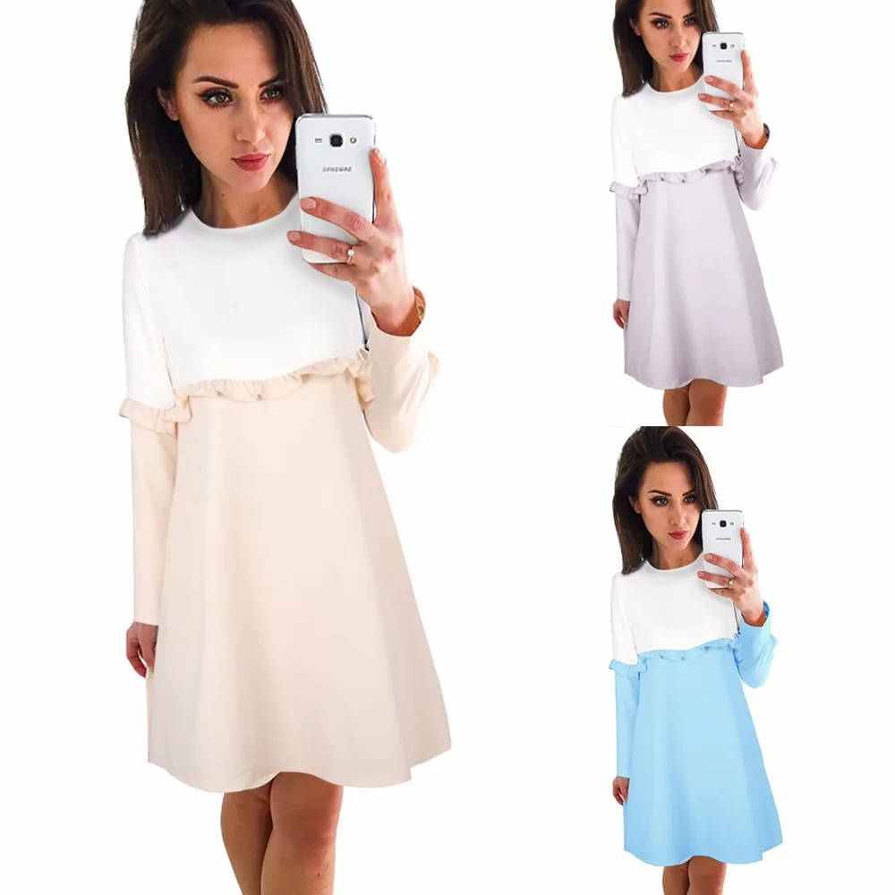 Осень Для женщин 3 цвета женские лоскутные оборками длинный рукав платье большой