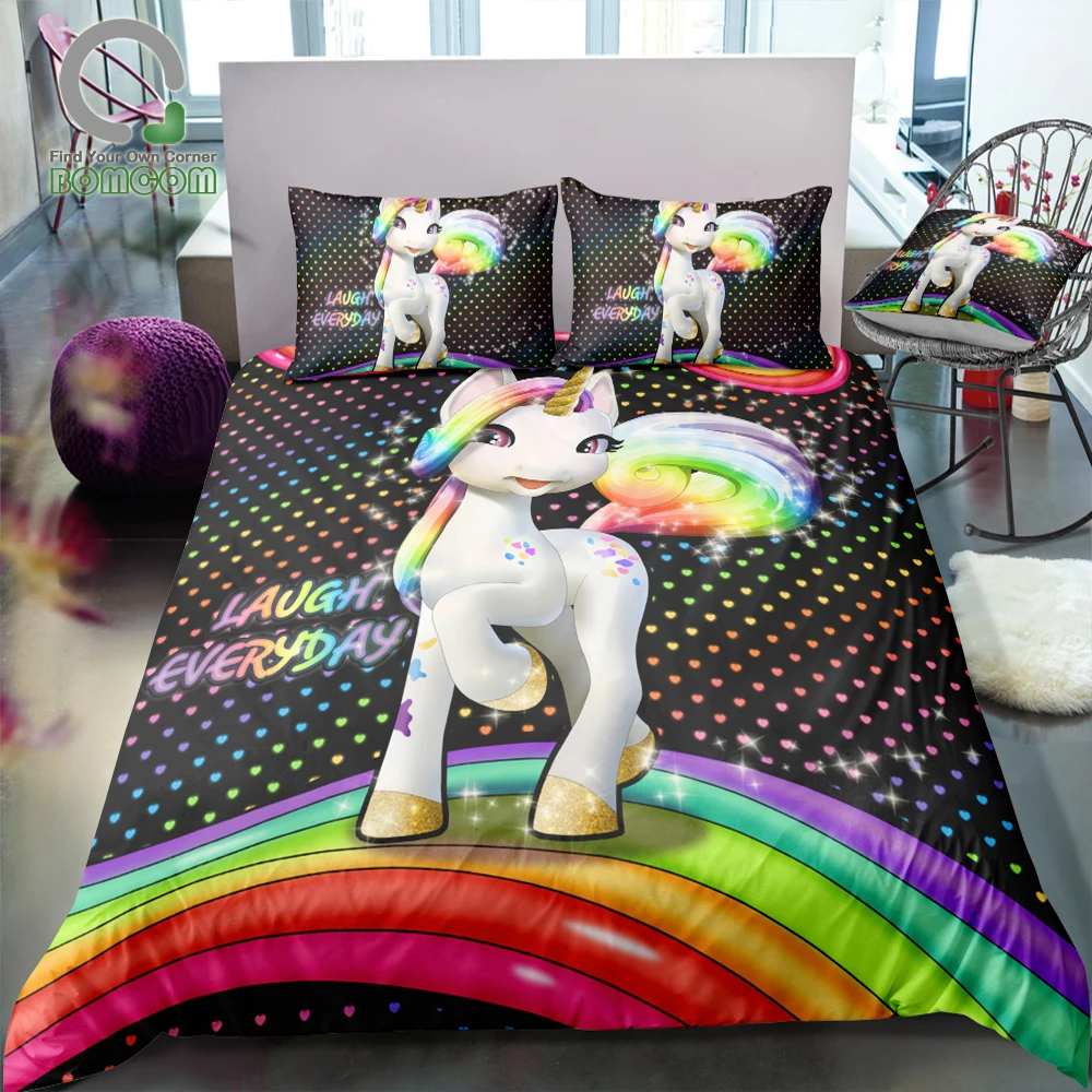 BOMCOM 3D набор постельного белья с цифровой печатью Happy Unicorn подставкой и радужным