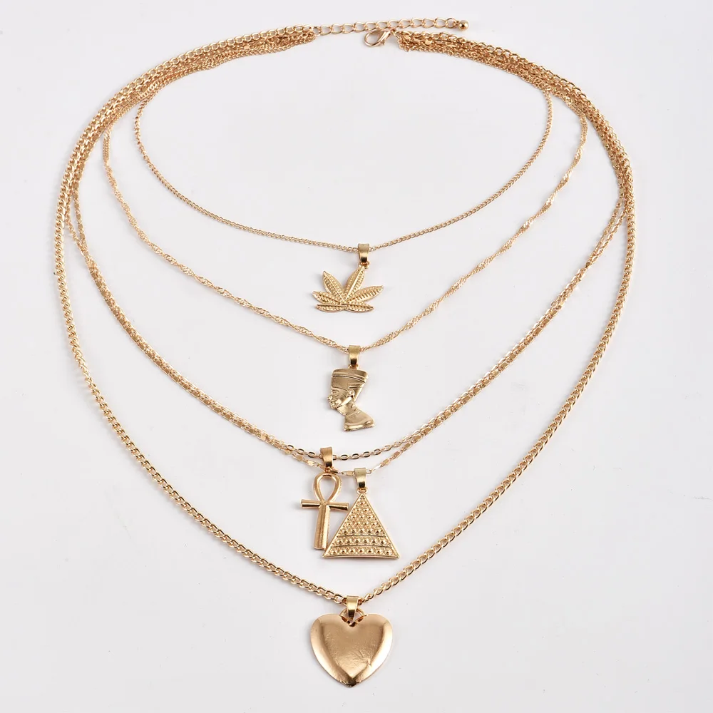 Винтажное многослойное золотое ожерелье в стиле панк с листьями крестом сердцем
