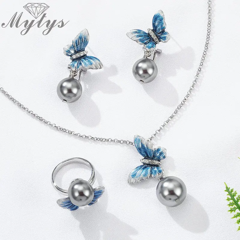 Mytys новый дизайн ручной работы синяя художественная Бабочка с жемчугом кольца