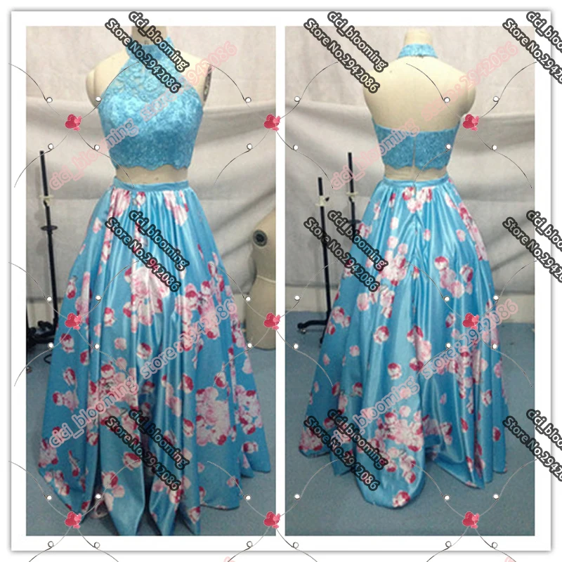 

Blue Floral Printed Bridesmaid Dresses Two Pieces Long Satin Gown