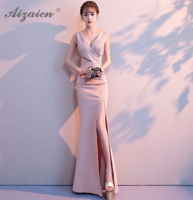 Pink Elegant Mermaid Evening Dresses Women Chinese Dress Qipao Oriental Style Party Gown Sexy Cheongsam Modern Split Costume