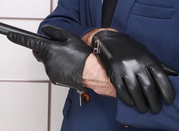 black Мужские модные крутые кожаные черные перчатки с боковой молнией из настоящей итальянской кожи - Цвет: black