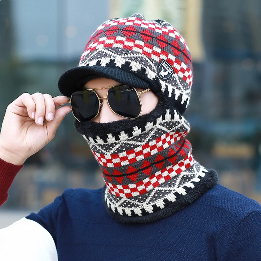 

Men's Winter Hat Warm Wool Knit Balaclava Cap Snowflake Earflap Caps Mask Pocket Hat Beanies&Skullies