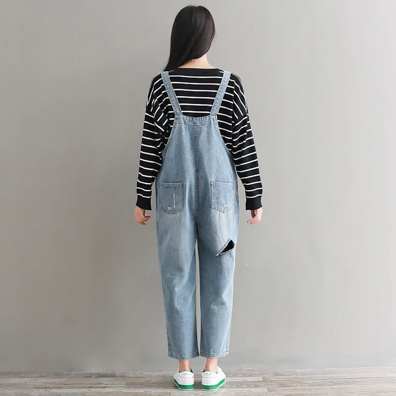 Broken Holes Jeans Women Jumpsuits Spring Solid High Waist Pockets Vintage Ankle-Length Pants Female Loose Jeans Overalls