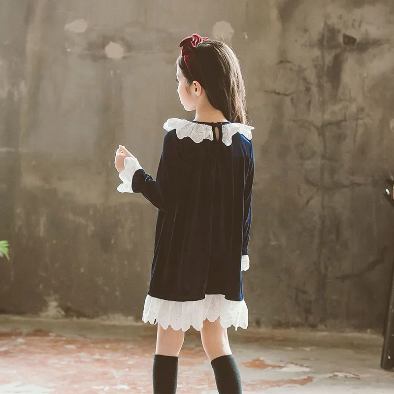 Christmas velvet teenage winter 2019 girls dresses fleece dress for girl lace patchwok long sleeve princess autumn baby | Детская одежда