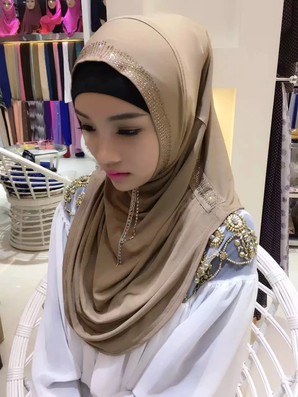 Женский хиджаб мусульманский шарф с бриллиантами и капюшоном мгновенная шапка