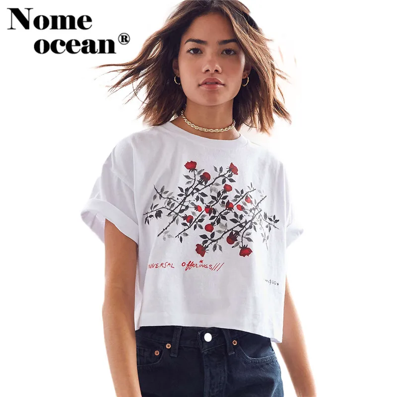 Кроп-топы с розами и цветочным принтом футболка коротким рукавом 2018 летние