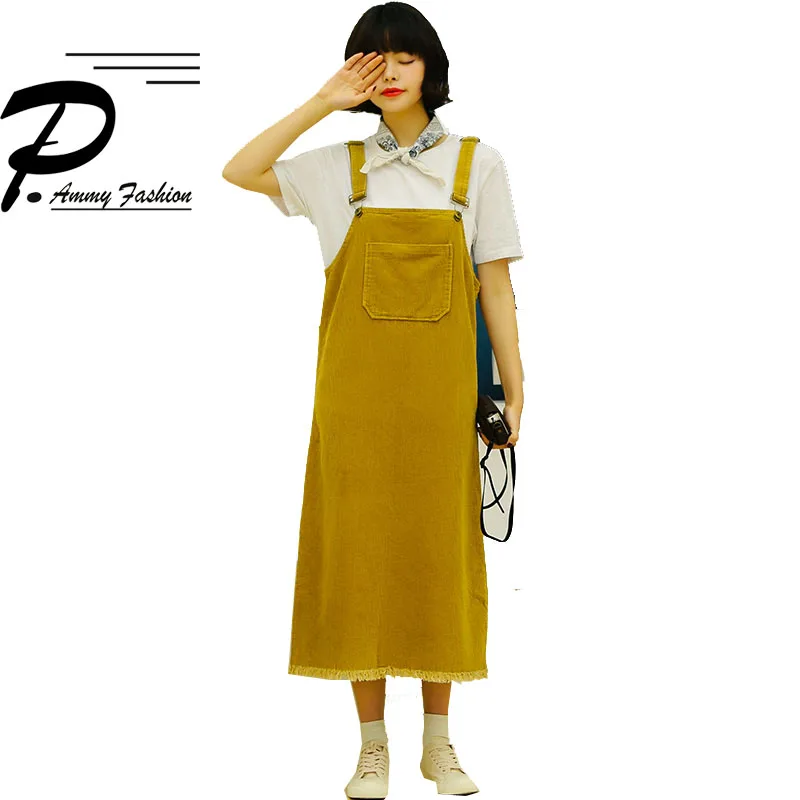 Вельветовое платье средней длины 2018 г. Осенне зимнее на бретелях с большим