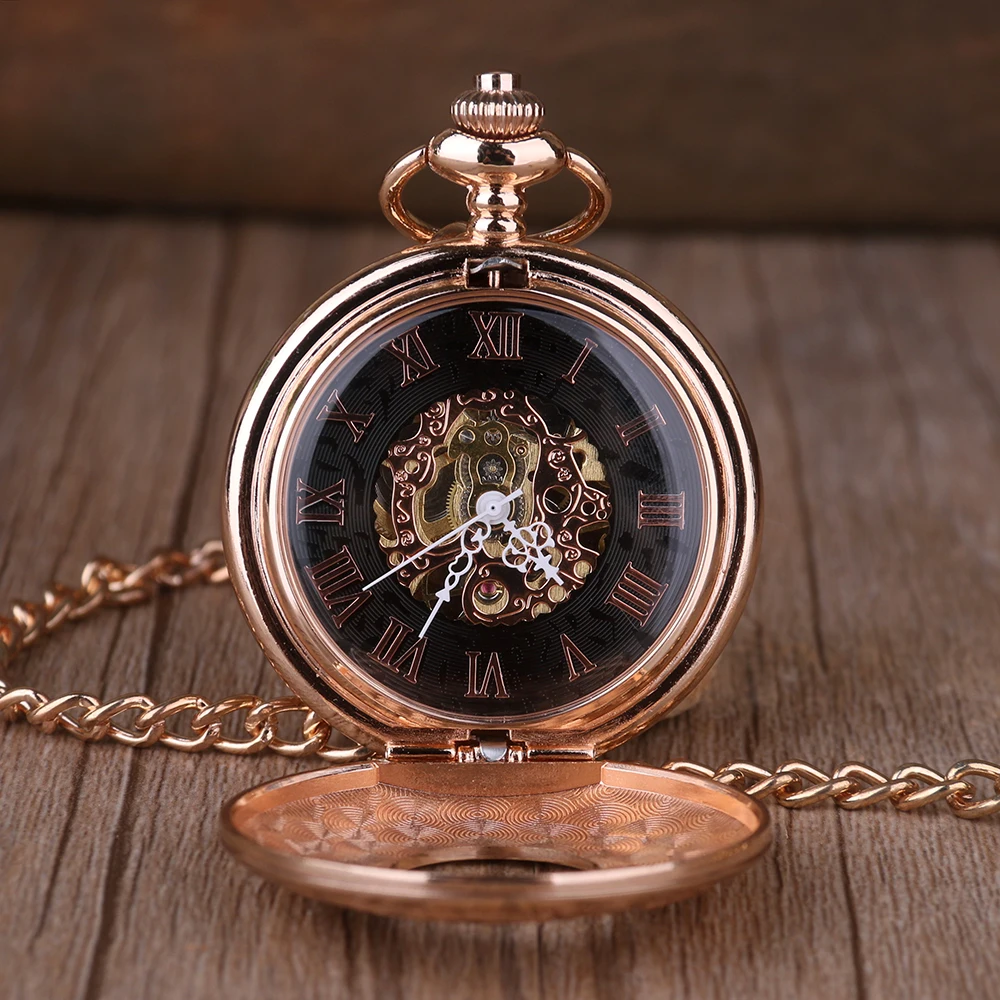 Luxury Rose Gold Roman Numerals Display Manual Mechanical Pocket Watch Steampunk Men's and Women's Necklace Pendant Clock