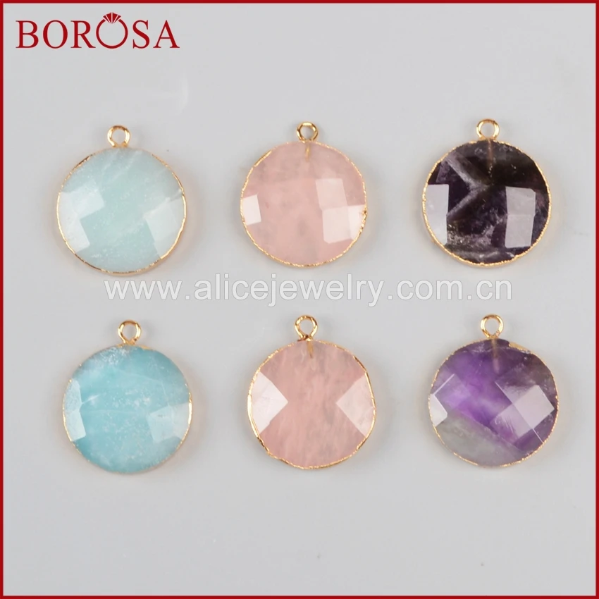 

BOROSA 10 pcs Hot And New Gold Color Round Multi-Kind Faceted Stones Charm G0948
