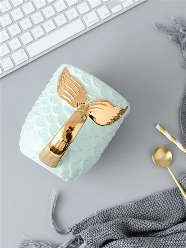 Mint Green Style 2 Милые керамические утренние кружки с русалочкой, розовая мята, зеленая позолота, фарфоровая чашка Handel, анти-горячий, для завтрака, молока, кофе, чая, Подарочная чашка, 420 мл - Цвет: Mint Green Style 2