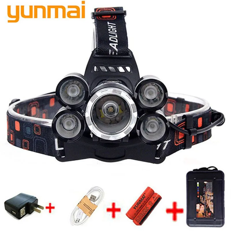 Yunmai светодиодный налобный фонарь 5 * led XML T6 4 режима 5000 люмен перезаряжаемый