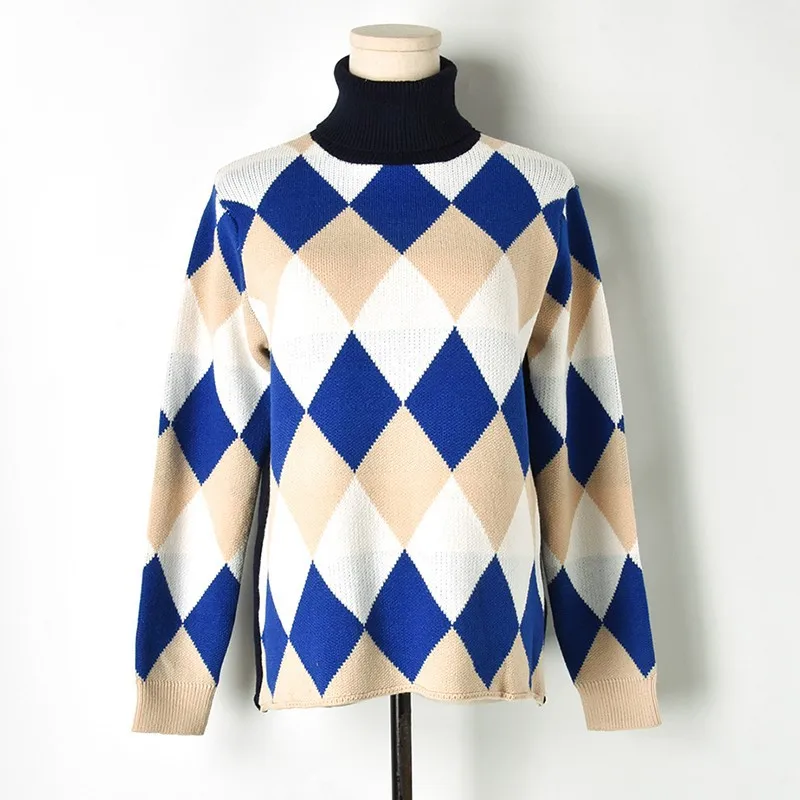 Hit Color Argyle Winter Sweater Women 2018 Fashion Turtleneck Pullover Classic Diamond Plaid Knit Sweaters Retro Geometric Tops | Женская