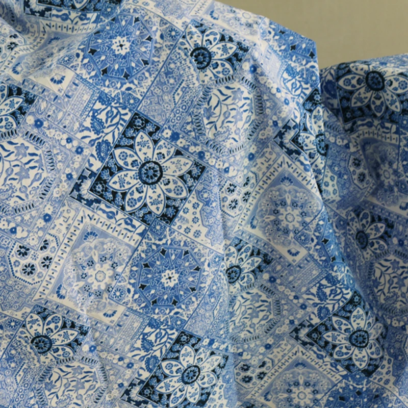 50cm*145cm Ethnic Silk Cotton Textile Vintage Chinese Blue White Fabric For Children | Дом и сад