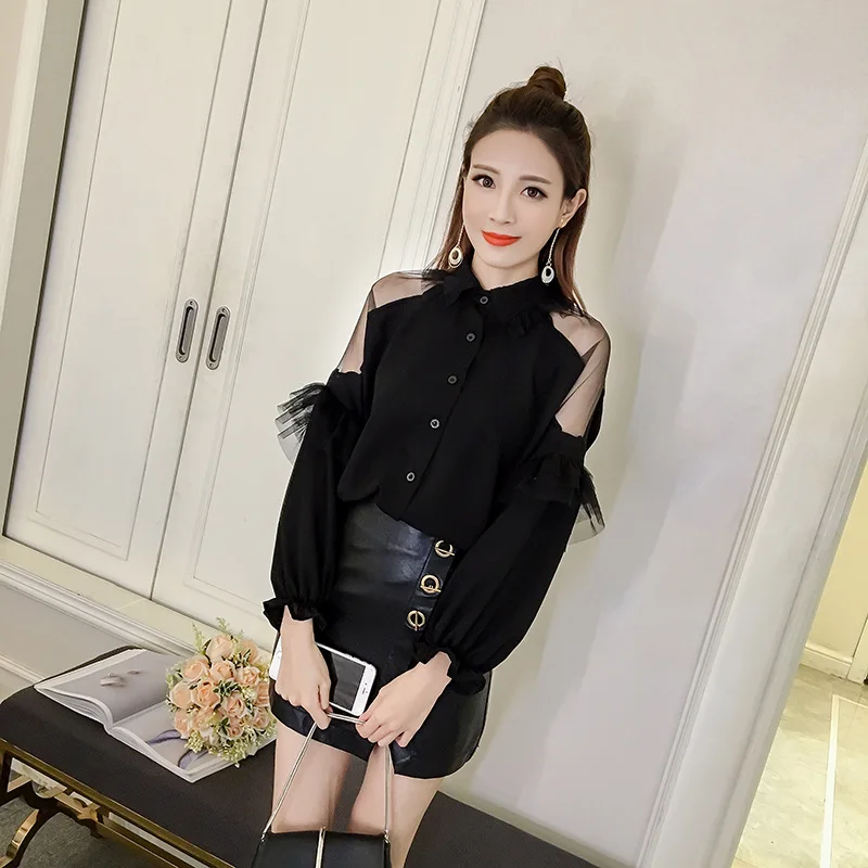 2018 spring Korean style office lady casual shirt perspective sexy solid long sleeves white blouse women fashion lace sleeve |