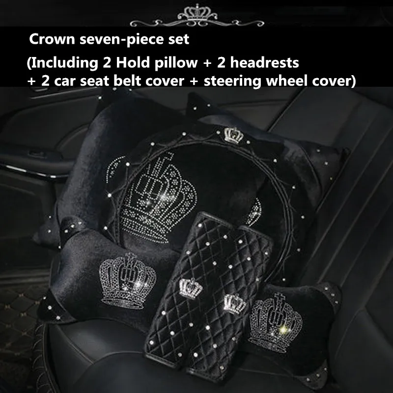 7pcs sets Алмазная Хрустальная корона, серия автомобильных сидений, инерционные аксессуары, плюшевый мех, авто чехлы на руль, подголовник, ремень безопасности, крышка переключения - Название цвета: 7pcs sets