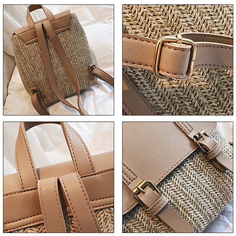 

Women Straw Backpack Fashion Travel Leather Bags National Straw Backpacks