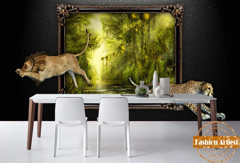 Custom 3d animal wallpaper mural lion leopard jump out of the wall tropical jungle tv sofa bedroom living room cafe restaurant |