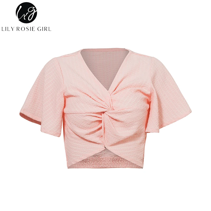 Лили Rosie девушка сексуальная V Neck Crop Для женщин блузки 2018 летние красные рубашки с