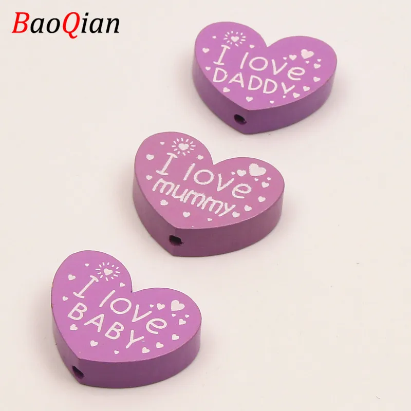 Деревянные бусины ручной работы I Love BABY/DADDY/mummy 10 шт./лот бусины-разделители в форме сердца для самостоятельного изготовления ювелирных изделий зажим для соски 23*29 мм - Цвет: Purple