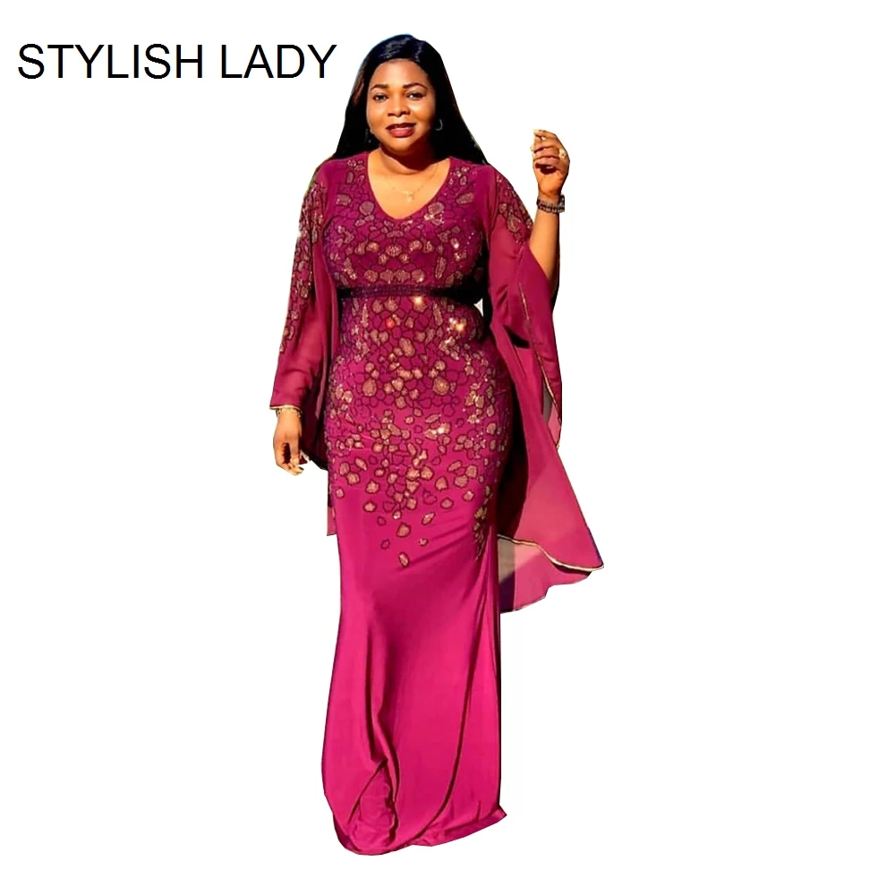 

STYLISH LADY Big Flare Sleeve Sequin Long African Dress 2019 Summer Women V Neck Bodycon Club Party Fishtail Maxi Africa Dress