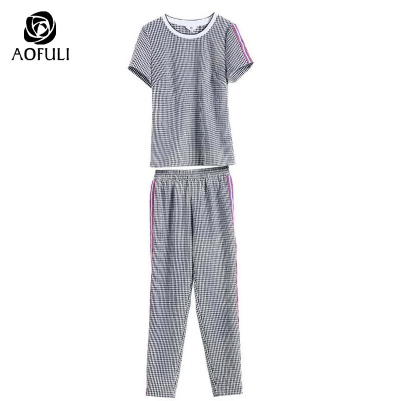 AOFULI L 4XL 5XL плед печати костюм из 2 предметов женские летний комплект большие