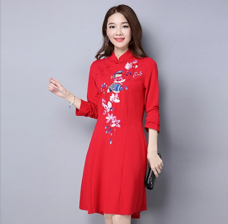 Национальный Ветер Осень 2016 Стенд воротник вышивка стрейч платье с длинными