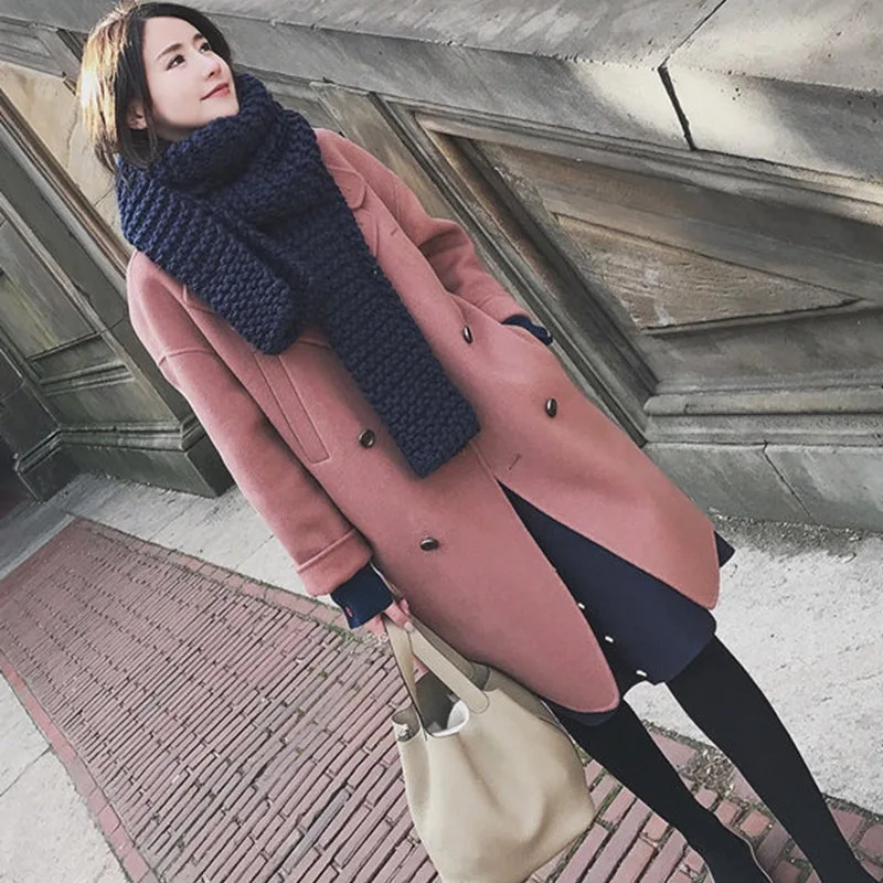Модное тонкое длинное зимнее модное шерстяное пальто однотонное двубортное из
